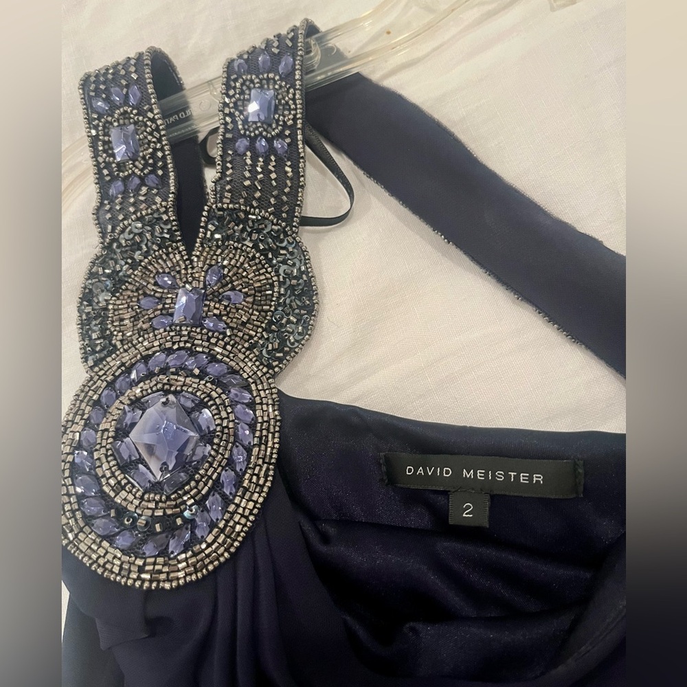 Stunning beaded shoulder David Meister blue navy gown size 2, worn once!